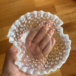 Vintage Fenton Hobnail Clear to White Opalescent Ruffle dish or saucer moonstone